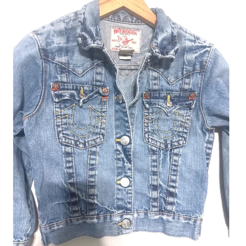 True Religion‎ Denim Jean Jacket Girl's Size XL World Tour Blue Western